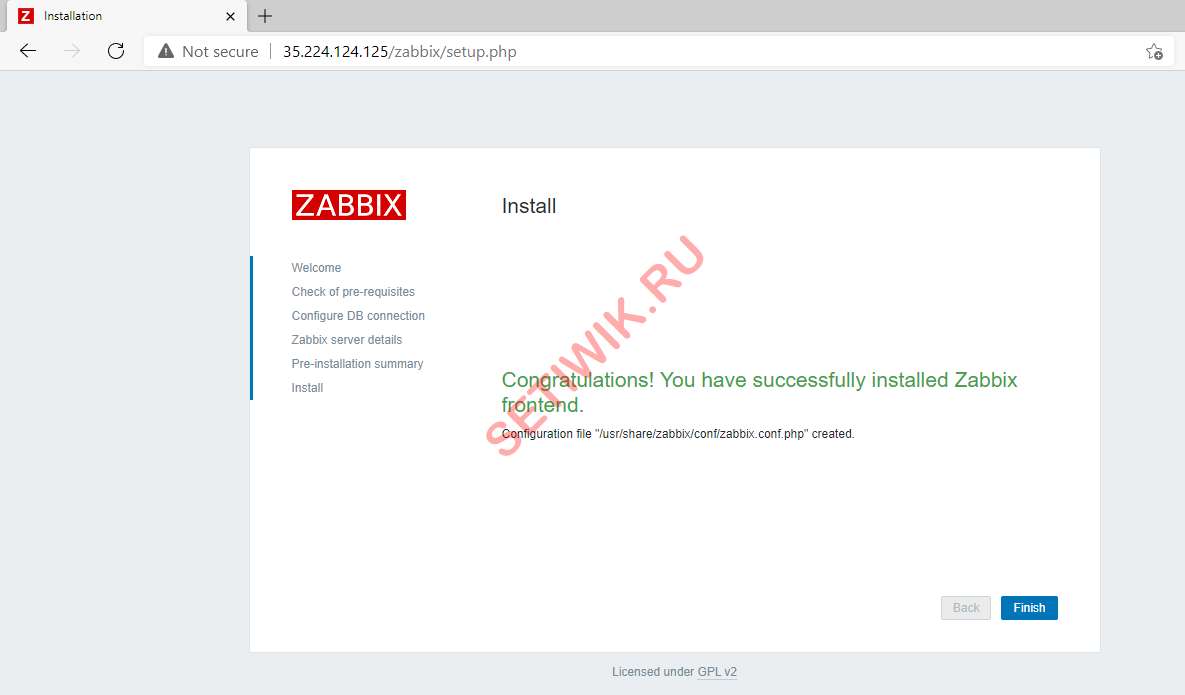 Zabbix-сервер установка завершена