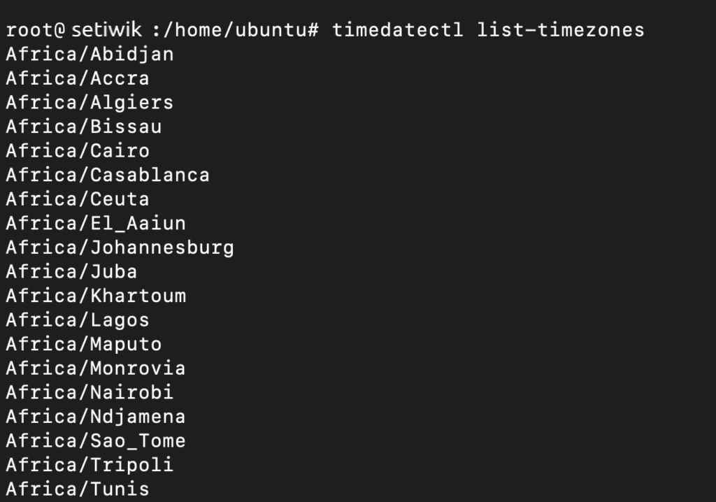 Список доступных часовых поясов Ubuntu